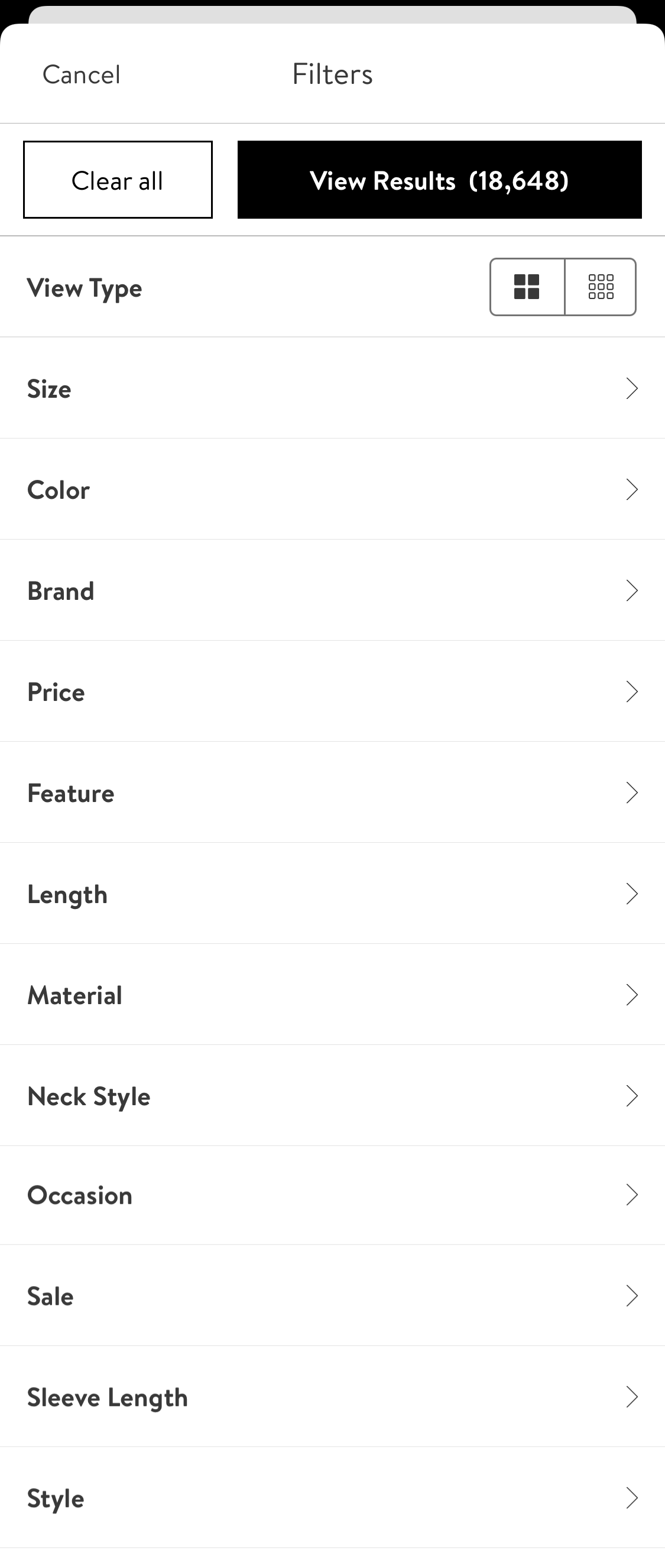 Nordstrom’s App Filtering Options 203 of 573 Filtering Options